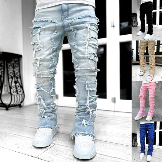 Men's Patched Tight-Fit Stacked Jeans