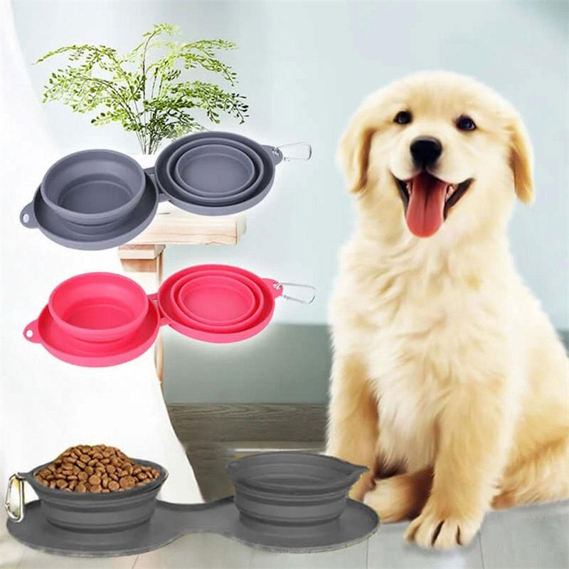 grey and red double pet feeding bowl