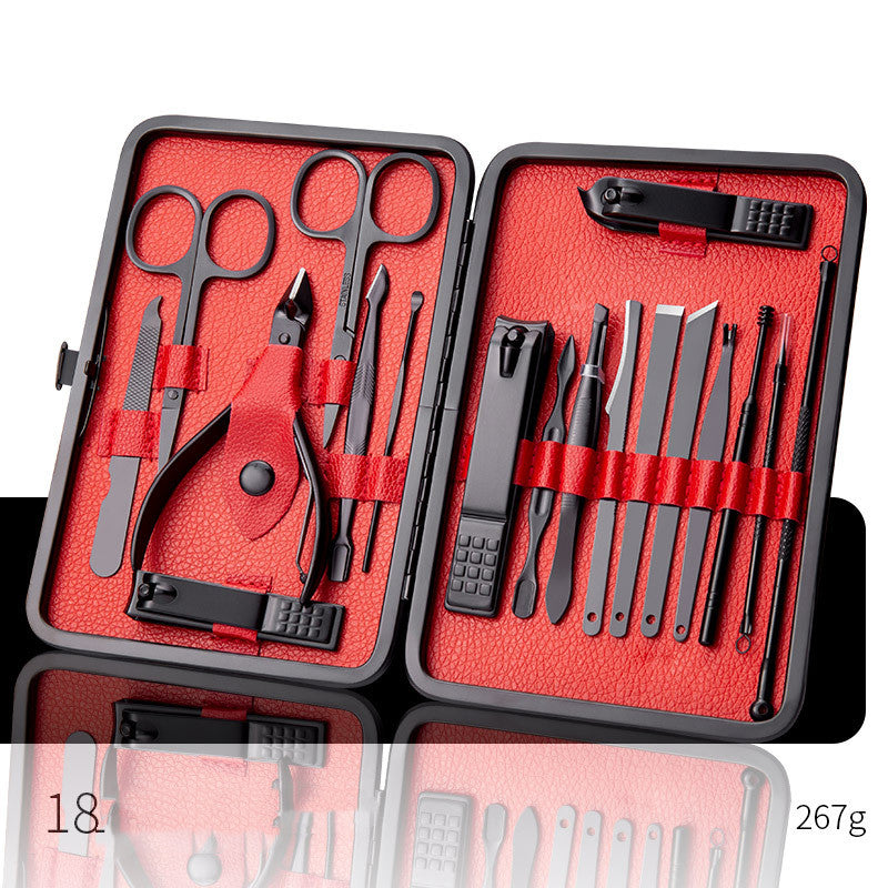 red professional nail care set with scissors and clippers